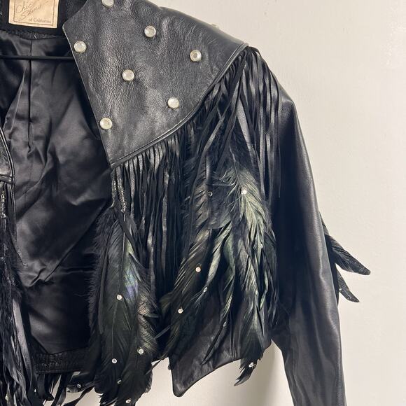 Vintage Woman’s Leather Stud Feather Cropped Biker Western Fringed Jacket - Picture 3 of 7